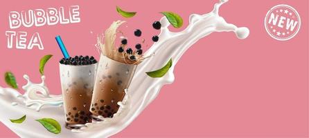 Bubble tea cups in splash with leaves on pink vector