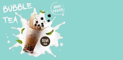 Bubble tea on milk splash poster with copy space vector