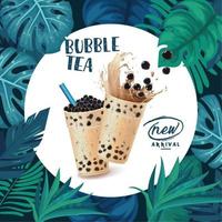 Bubble tea advertisement with circle frame and tropical leaves vector