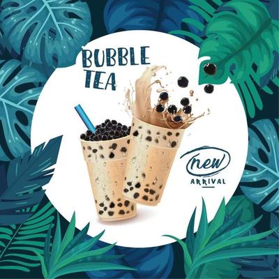 Bubble tea advertisement with circle frame and tropical leaves