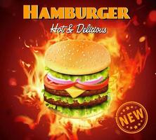 Deluxe king size burger ad with fire effect behind vector