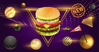 hamburguesa con queso con elementos de esfera dorada y marco triangular vector