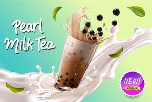 Pearl milk tea in splash with leaves advertisement vector