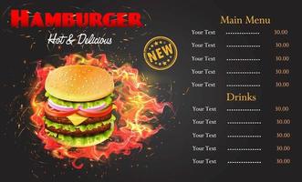 Flaming Burger Menu Template vector