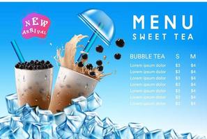 Sweet bubble tea menu with ice cubes vector