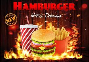 Flaming burger combo on wood poster vector