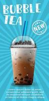 Vertical bubble tea ad on blue ray pattern vector