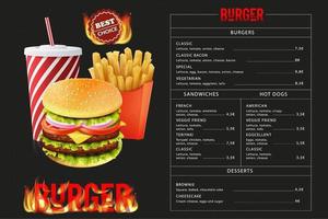Tasty fast food burger menu template vector