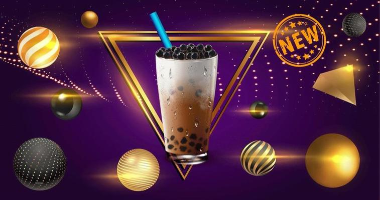 Bubble tea with golden sphere elements and triangle frame