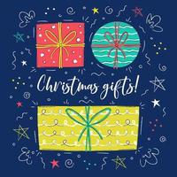 Hand drawn christmas presents with ribbons, stars and bows vector