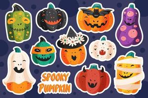 Spooky pumpkins in different styles sticker sheet vector