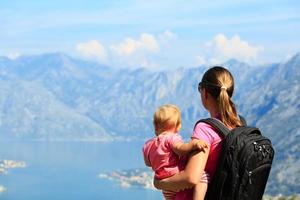 mother with little daughter looking at mountains