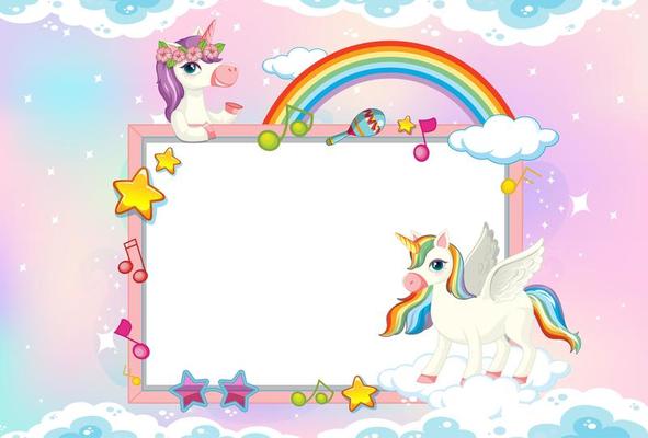 Blank banner with cute unicorns in sky