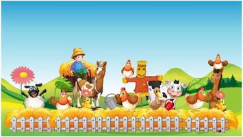 Farm scene with animals cartoon style vector