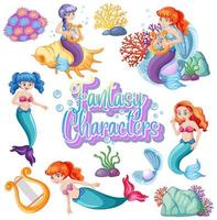 Fantasy characters text with mermaids on white vector