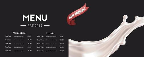 Blank menu template with milk splash vector