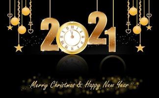 New Year 2021 design with clock and hanging ornaments vector