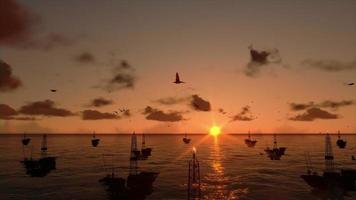 Oil rigs in ocean, timelapse sunrise, camera tilt