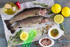 Two fresh rainbow trout with lemon, rosemary and spices photo