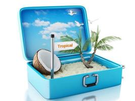 3d paradise beach travel suitcase. Isolated white background