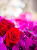 Bunch of red roses and purple Dendrobiu flowers photo