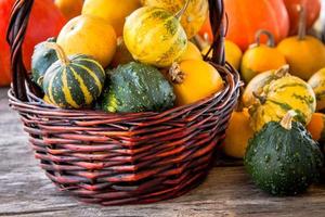 ripe organic colored pumpkins in the basket photo