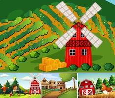 Set of different farm scenes cartoon style vector