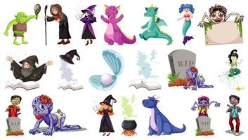 Set of fantasy cartoon characters and fantasy theme isolated  vector