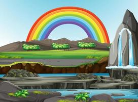 Nature forest view with rainbow in the sky vector