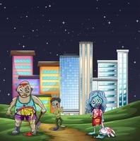 Three zombies walking in the park at night vector