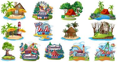 Set of bungalows, island beaches and amusement parks vector