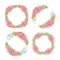 Watercolor rose flower circle frame set vector