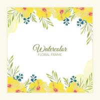 Yellow watercolor painted hibiscus floral border vector