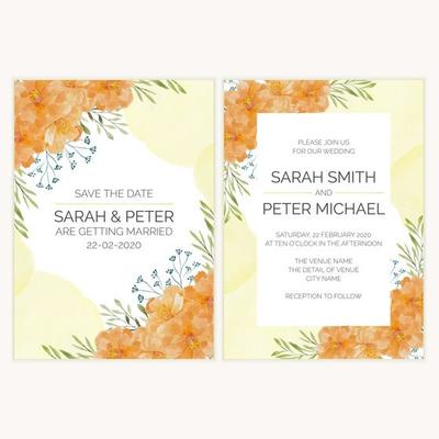 Wedding invitation card with gold flower watercolor illustration