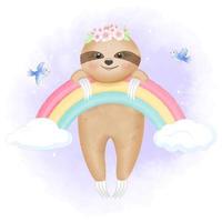 Cute sloth hanging on the rainbow vector