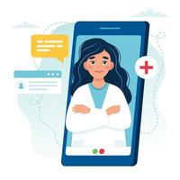 Female doctor on smartphone screen for online appointment