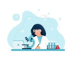 Female character conducting experiments with microscope vector