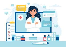 Female doctor on computer screen for online appointment vector