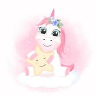 Little magic unicorn hugging a star vector