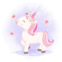 Cute baby unicorn playing with butterflies vector