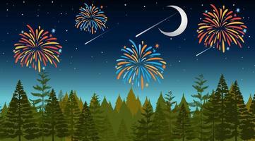 Forest with fireworks celebration scene vector