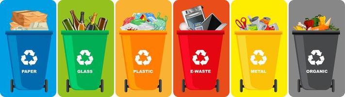 Colorful recycle bins with recycle symbol isolated vector