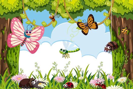 Bugs in jungle scene frame vector