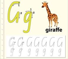 Letter G tracing alphabet worksheet with giraffe vector