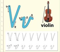 Tracing letter V template worksheet with violin  vector