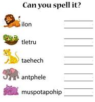 Animals spelling word puzzle worksheet vector