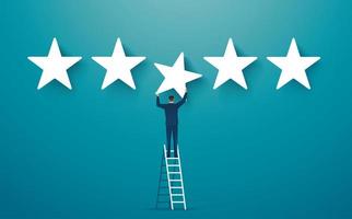 Man on ladder giving five star rating vector