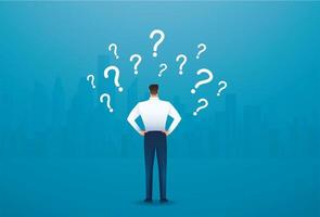 Back view of businessman looking at question marks vector