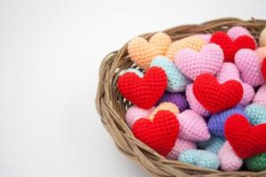 Yarn hearts in the basket. photo