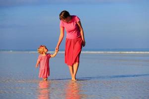 mother and little daughter walking on beach